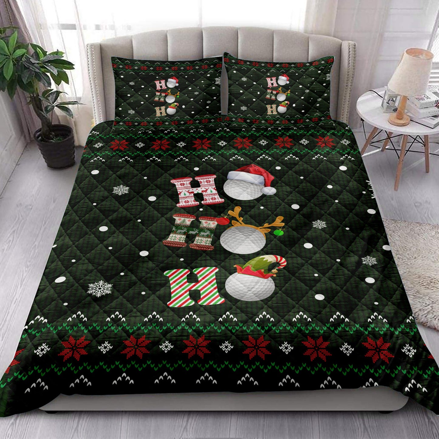 Golf Quilt Set, Ho Ho Ho Golf Santa Hatmas Snowflake Ugly Quilt Blanket With Pillowcases, Quilt Bedding Set, Christmas Gift