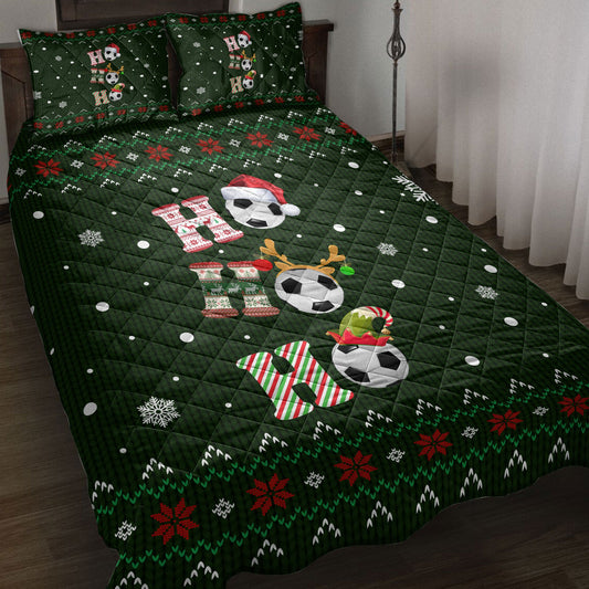 Soccer Quilt Set, Ho Ho Ho Soccer Santa Hatmas Snowflake Ugly Quilt Blanket With Pillowcases, Quilt Bedding Set, Christmas Gift