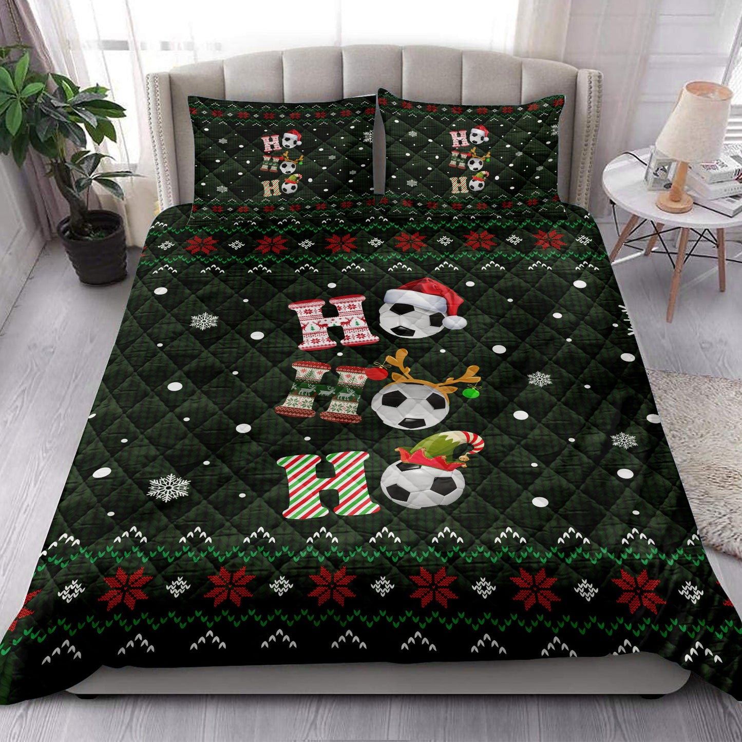 Soccer Quilt Set, Ho Ho Ho Soccer Santa Hatmas Snowflake Ugly Quilt Blanket With Pillowcases, Quilt Bedding Set, Christmas Gift
