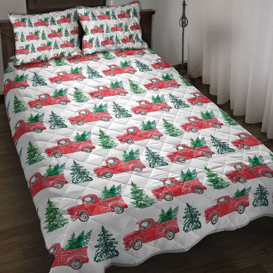 Christmas Quilt Set, Old Red Truckmas Tree Pine Tree Winter Holiday Quilt Blanket With Pillowcases, Quilt Bedding Set, Christmas Gift