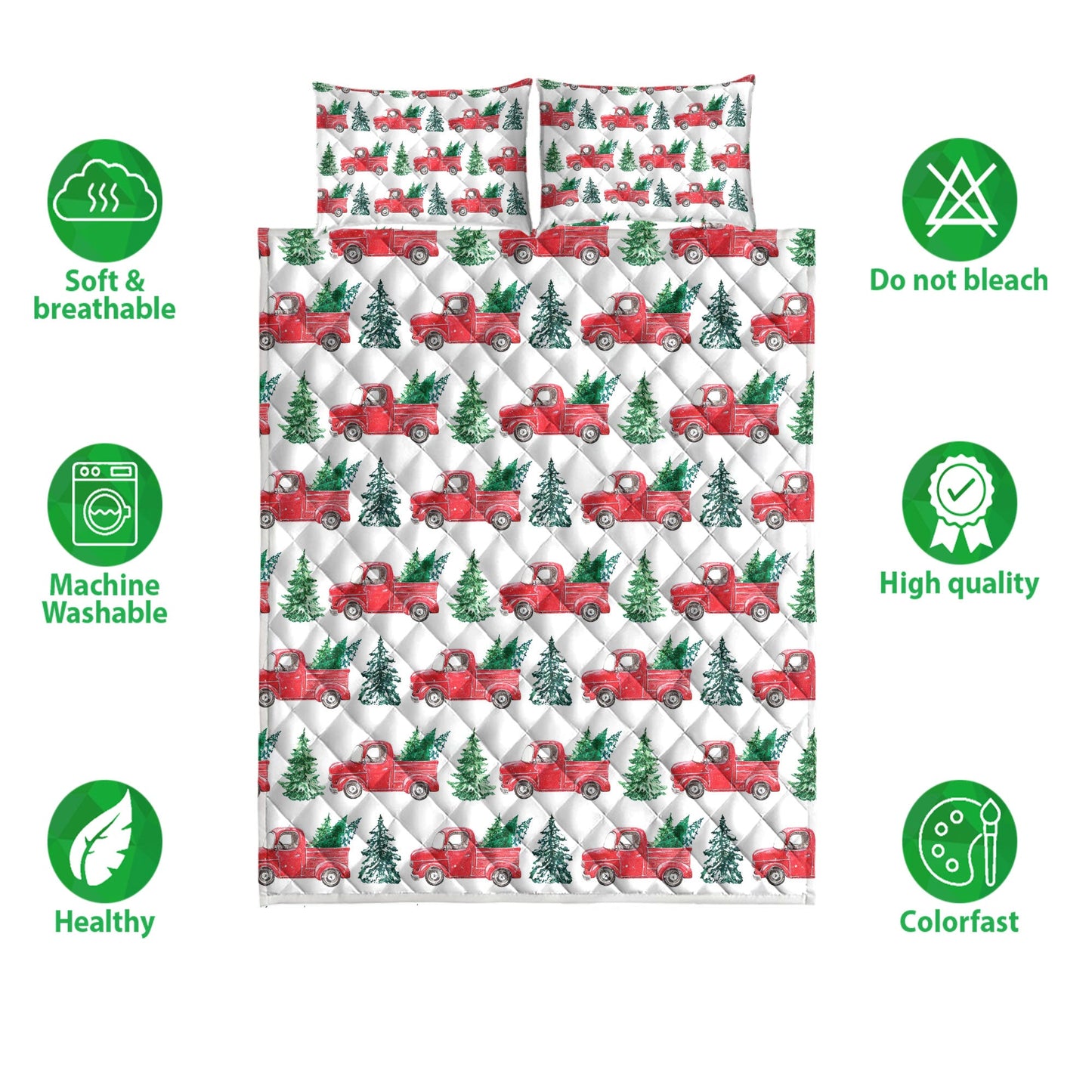 Christmas Quilt Set, Old Red Truckmas Tree Pine Tree Winter Holiday Quilt Blanket With Pillowcases, Quilt Bedding Set, Christmas Gift