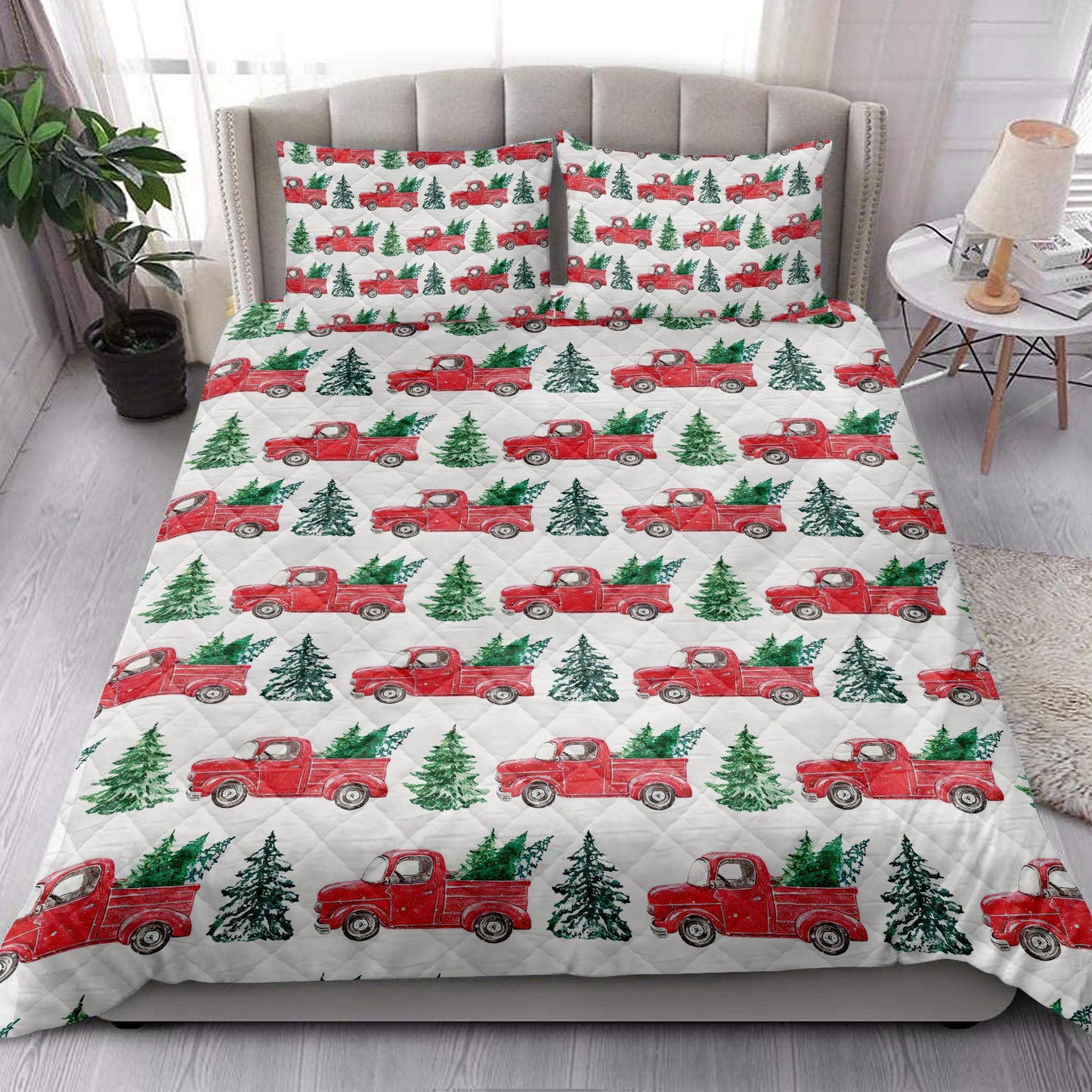 Christmas Quilt Set, Old Red Truckmas Tree Pine Tree Winter Holiday Quilt Blanket With Pillowcases, Quilt Bedding Set, Christmas Gift