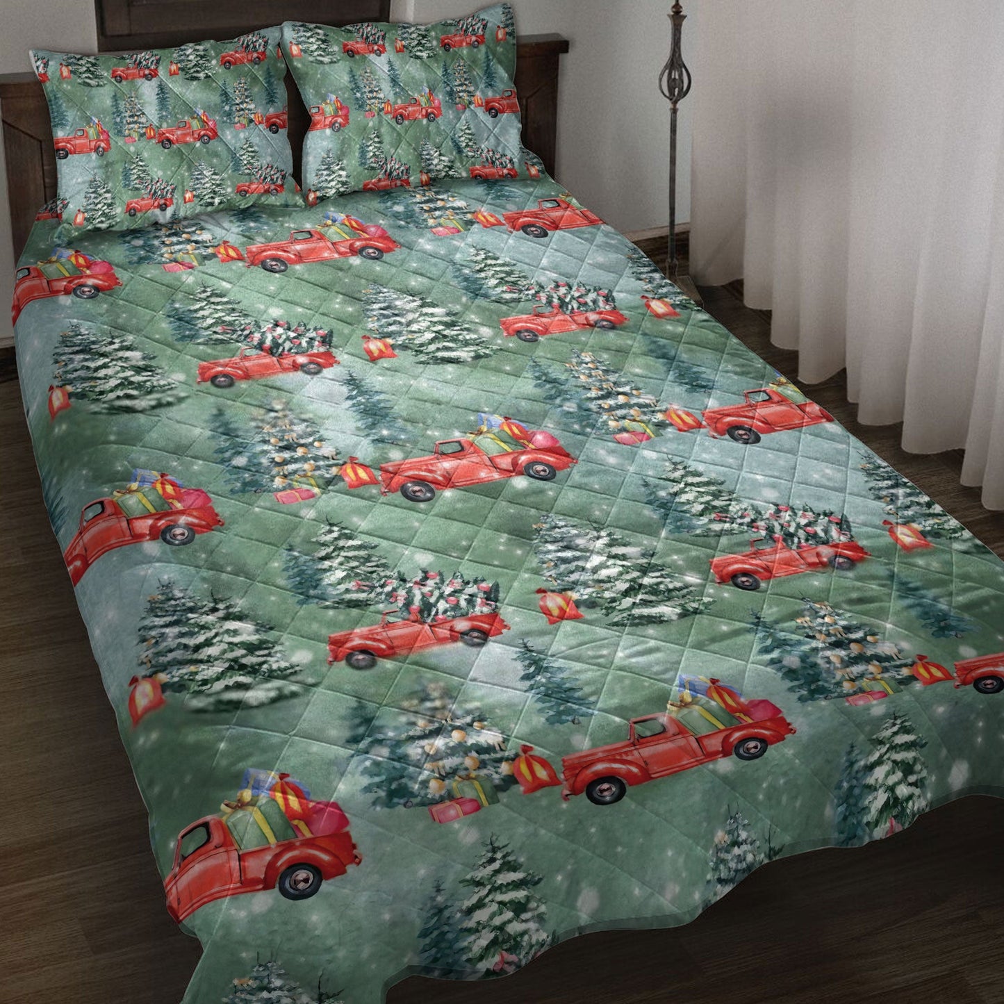 Christmas Quilt Set, Old Red Truck Carmas Tree Pine Tree Winter Holiday Quilt Blanket With Pillowcases, Quilt Bedding Set, Christmas Gift