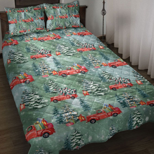 Christmas Quilt Set, Old Red Truck Carmas Tree Pine Tree Winter Holiday Quilt Blanket With Pillowcases, Quilt Bedding Set, Christmas Gift