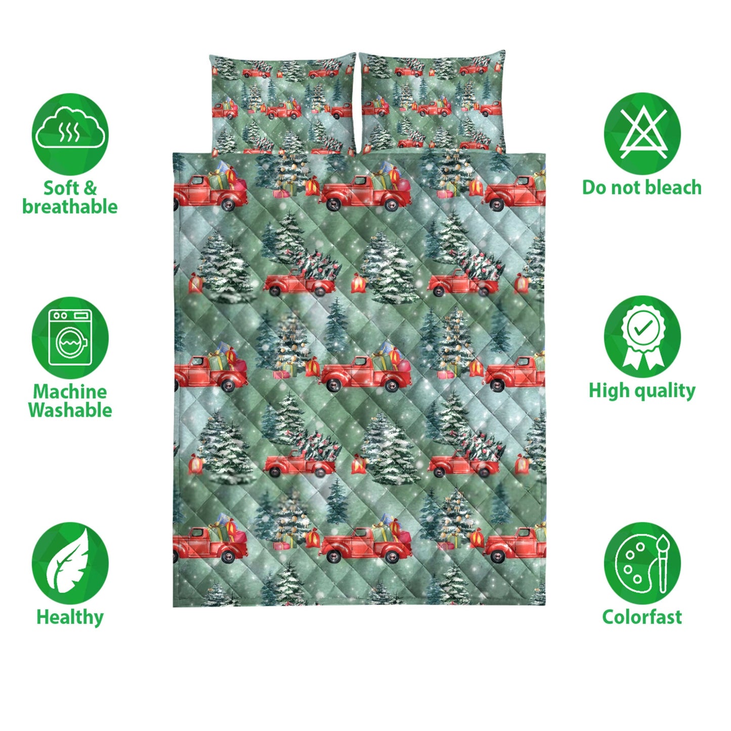 Christmas Quilt Set, Old Red Truck Carmas Tree Pine Tree Winter Holiday Quilt Blanket With Pillowcases, Quilt Bedding Set, Christmas Gift