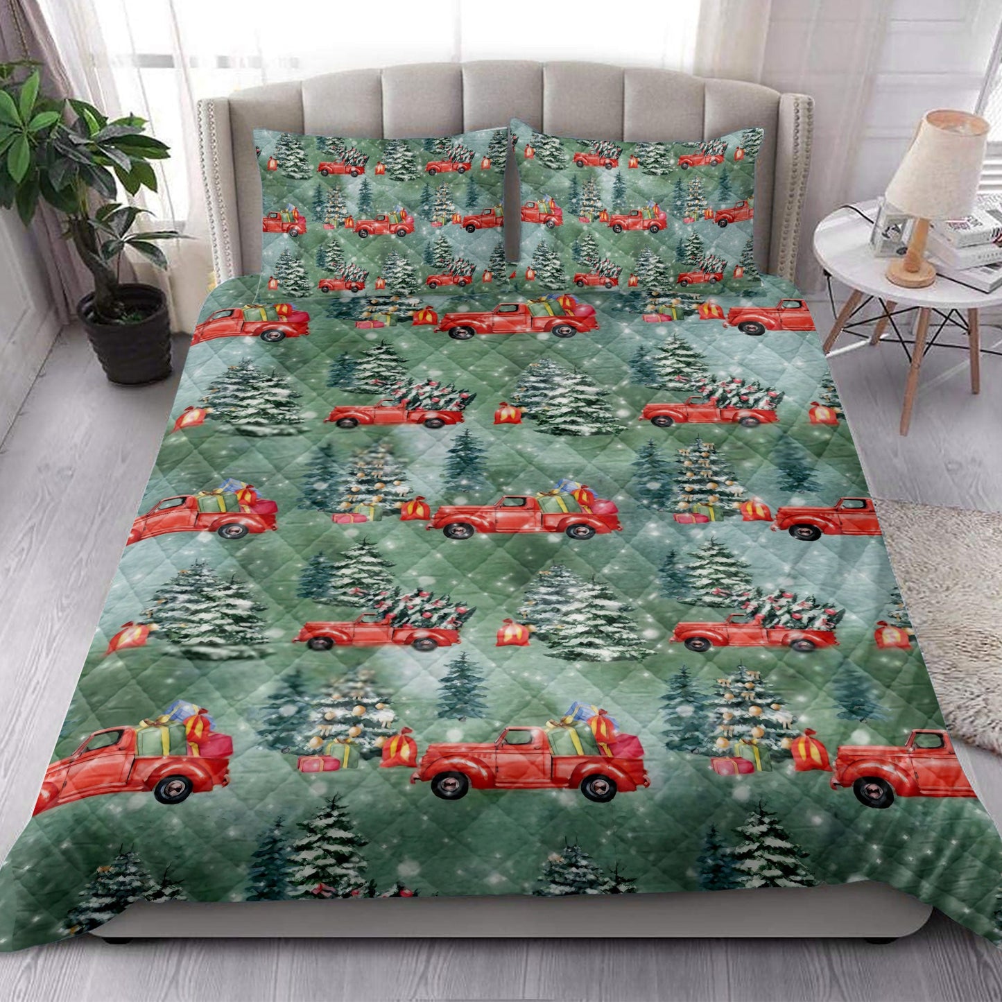 Christmas Quilt Set, Old Red Truck Carmas Tree Pine Tree Winter Holiday Quilt Blanket With Pillowcases, Quilt Bedding Set, Christmas Gift