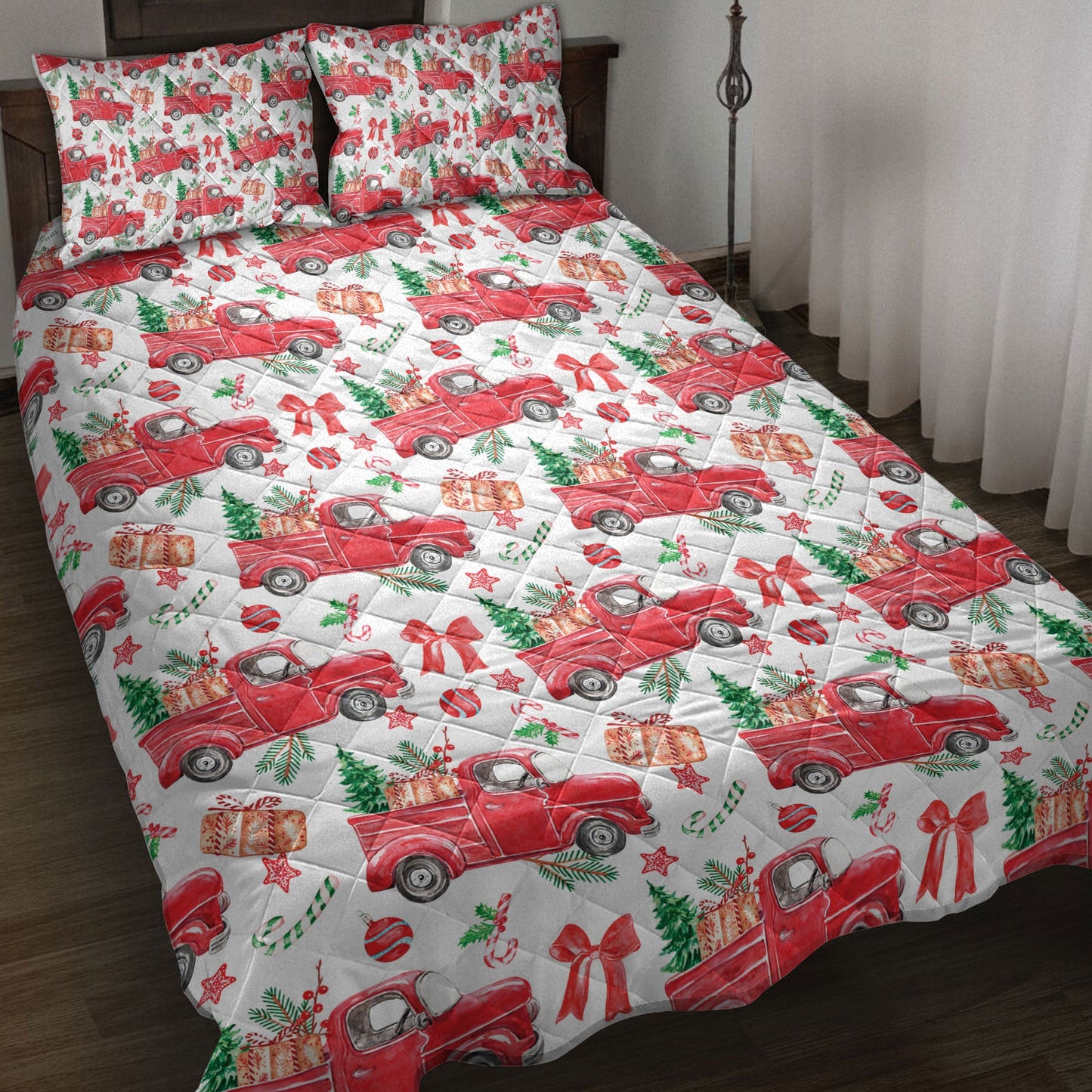 Christmas Quilt Set, Christmas Red Truck Pine Trees Winter Holiday Snowy Treeest Quilt Blanket With Pillowcases, Quilt Bedding Set, Christmas Gift