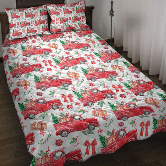 Christmas Quilt Set, Christmas Red Truck Pine Trees Winter Holiday Snowy Treeest Quilt Blanket With Pillowcases, Quilt Bedding Set, Christmas Gift