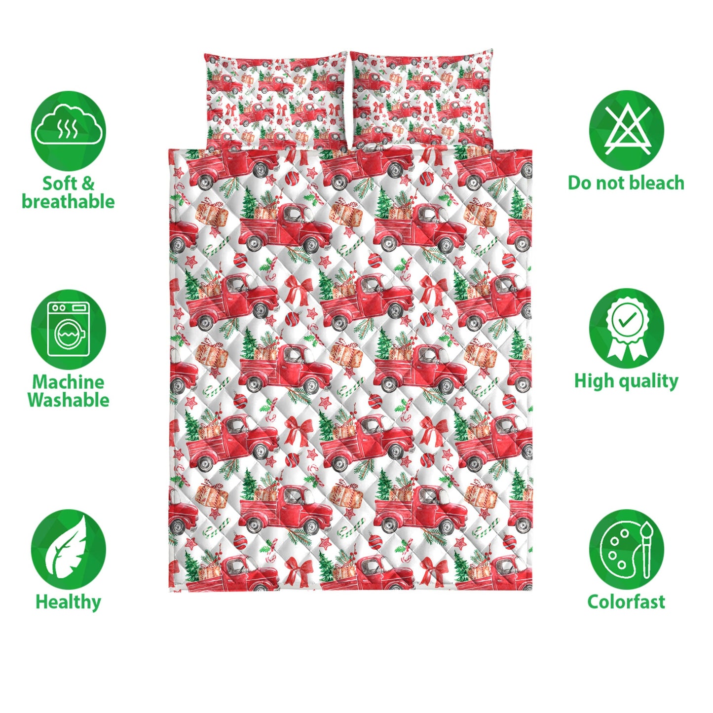 Christmas Quilt Set, Christmas Red Truck Pine Trees Winter Holiday Snowy Treeest Quilt Blanket With Pillowcases, Quilt Bedding Set, Christmas Gift