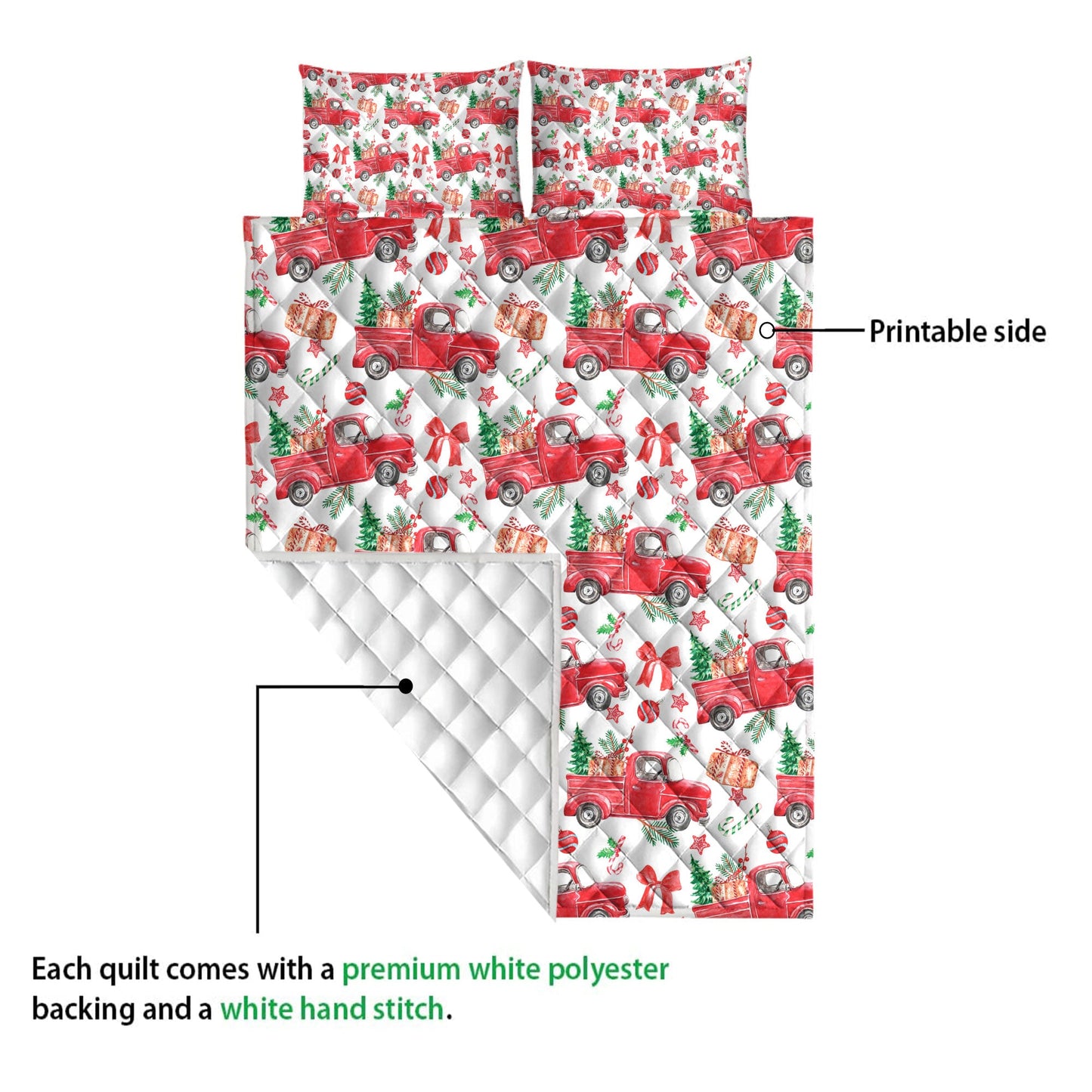 Christmas Quilt Set, Christmas Red Truck Pine Trees Winter Holiday Snowy Treeest Quilt Blanket With Pillowcases, Quilt Bedding Set, Christmas Gift
