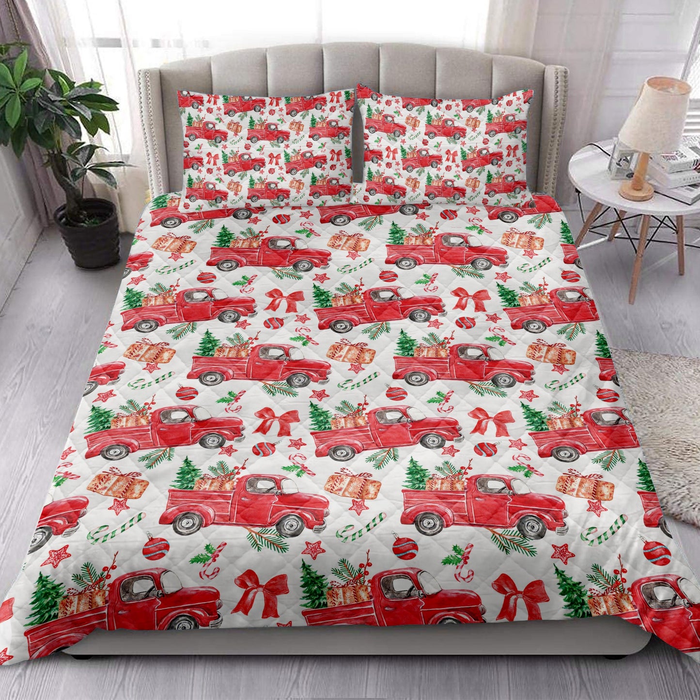 Christmas Quilt Set, Christmas Red Truck Pine Trees Winter Holiday Snowy Treeest Quilt Blanket With Pillowcases, Quilt Bedding Set, Christmas Gift