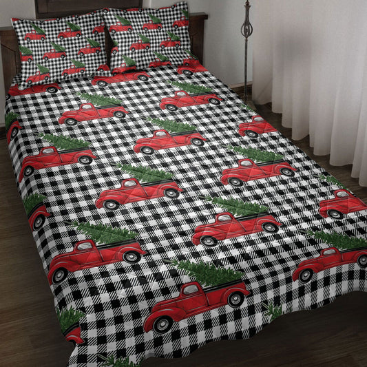 Christmas Quilt Set, Christmas Red Truck Pine Trees Buffalo Plaid Winter Holiday Quilt Blanket With Pillowcases, Quilt Bedding Set, Christmas Gift