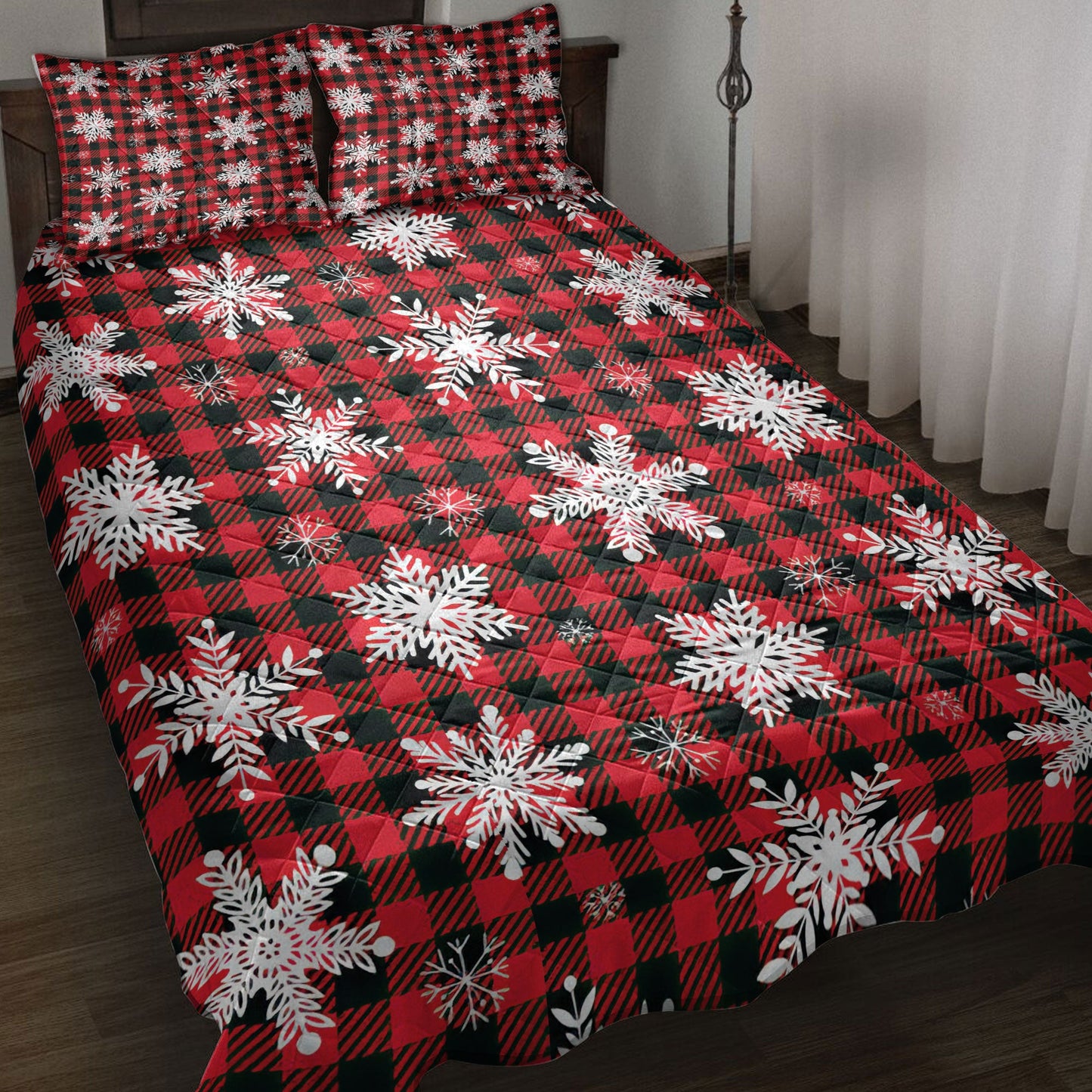 Christmas Quilt Set, Christmas Snowflake Red Buffalo Plaid Winter Holiday Quilt Blanket With Pillowcases, Quilt Bedding Set, Christmas Gift