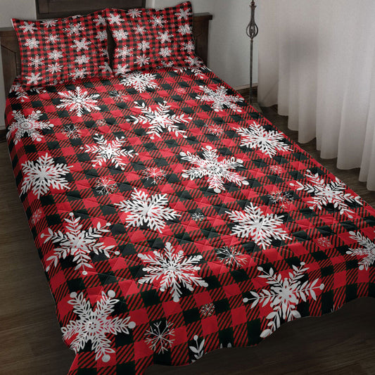 Christmas Quilt Set, Christmas Snowflake Red Buffalo Plaid Winter Holiday Quilt Blanket With Pillowcases, Quilt Bedding Set, Christmas Gift