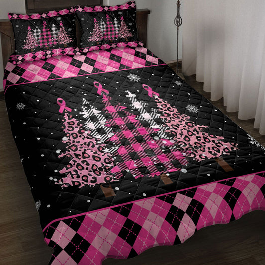 Breast Cancer Quilt Set, Breast Cancer Awarenessmas Tree Snowflake Pink Quilt Blanket With Pillowcases, Quilt Bedding Set, Christmas Gift