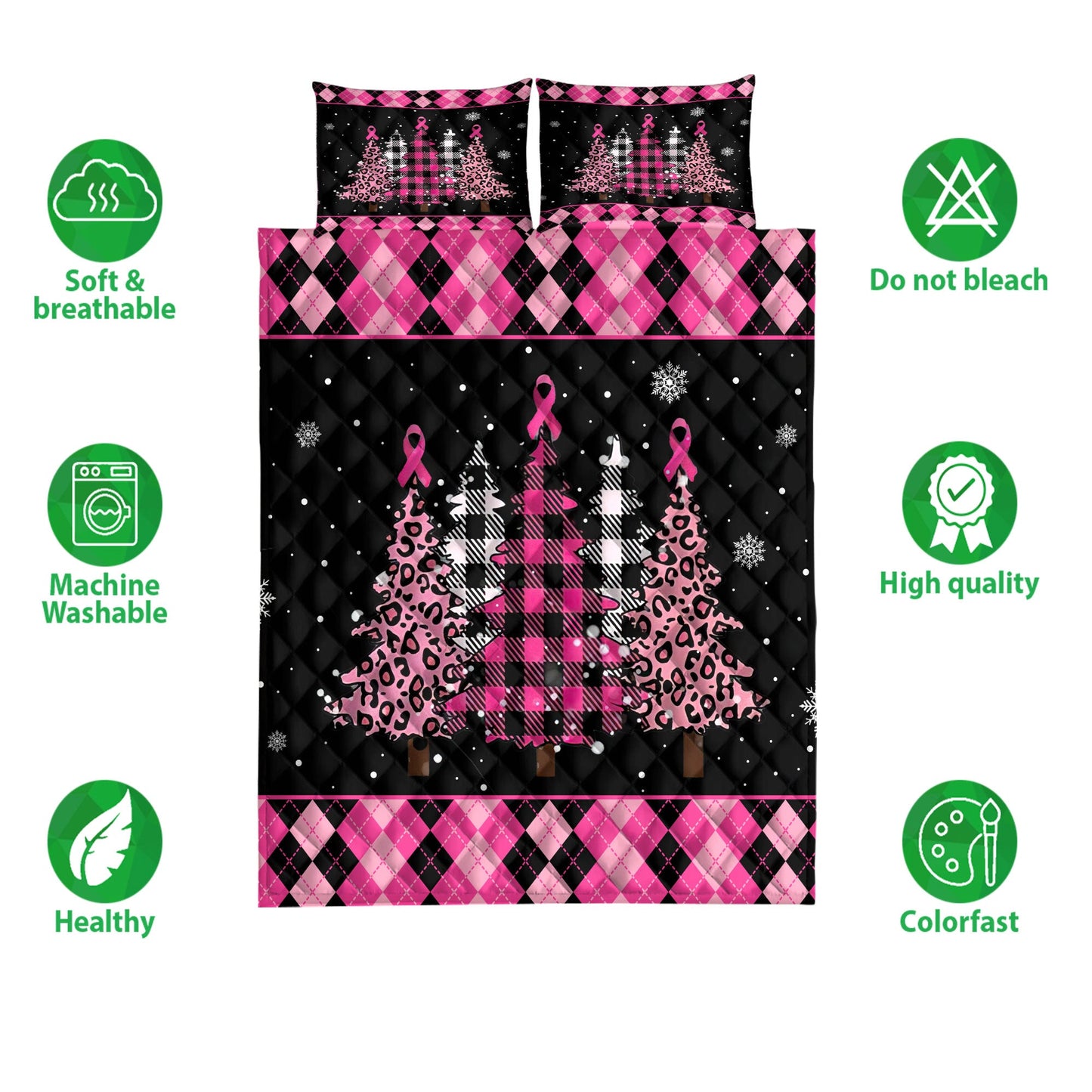 Breast Cancer Quilt Set, Breast Cancer Awarenessmas Tree Snowflake Pink Quilt Blanket With Pillowcases, Quilt Bedding Set, Christmas Gift