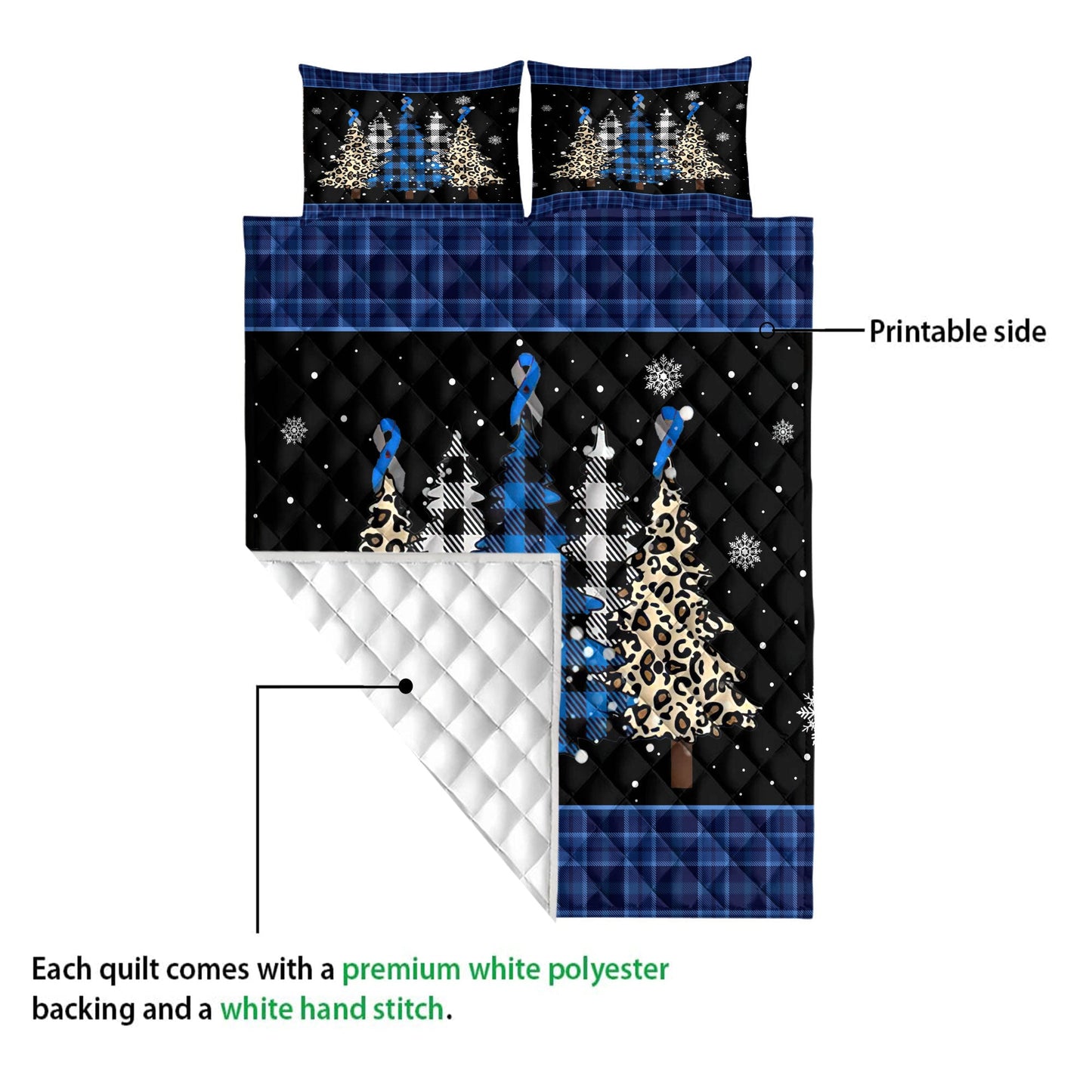 Diabetes Quilt Set, Diabetes Awarenessmas Tree Snowflake Blue Quilt Blanket With Pillowcases, Quilt Bedding Set, Christmas Gift