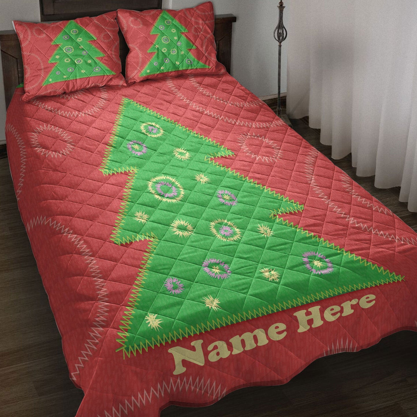 Personalized Christmas Quilt Set, Christmas Tree Patchwork Style Quilt Blanket With Pillowcases, Custom Name Quilt Bedding Set, Christmas Gift