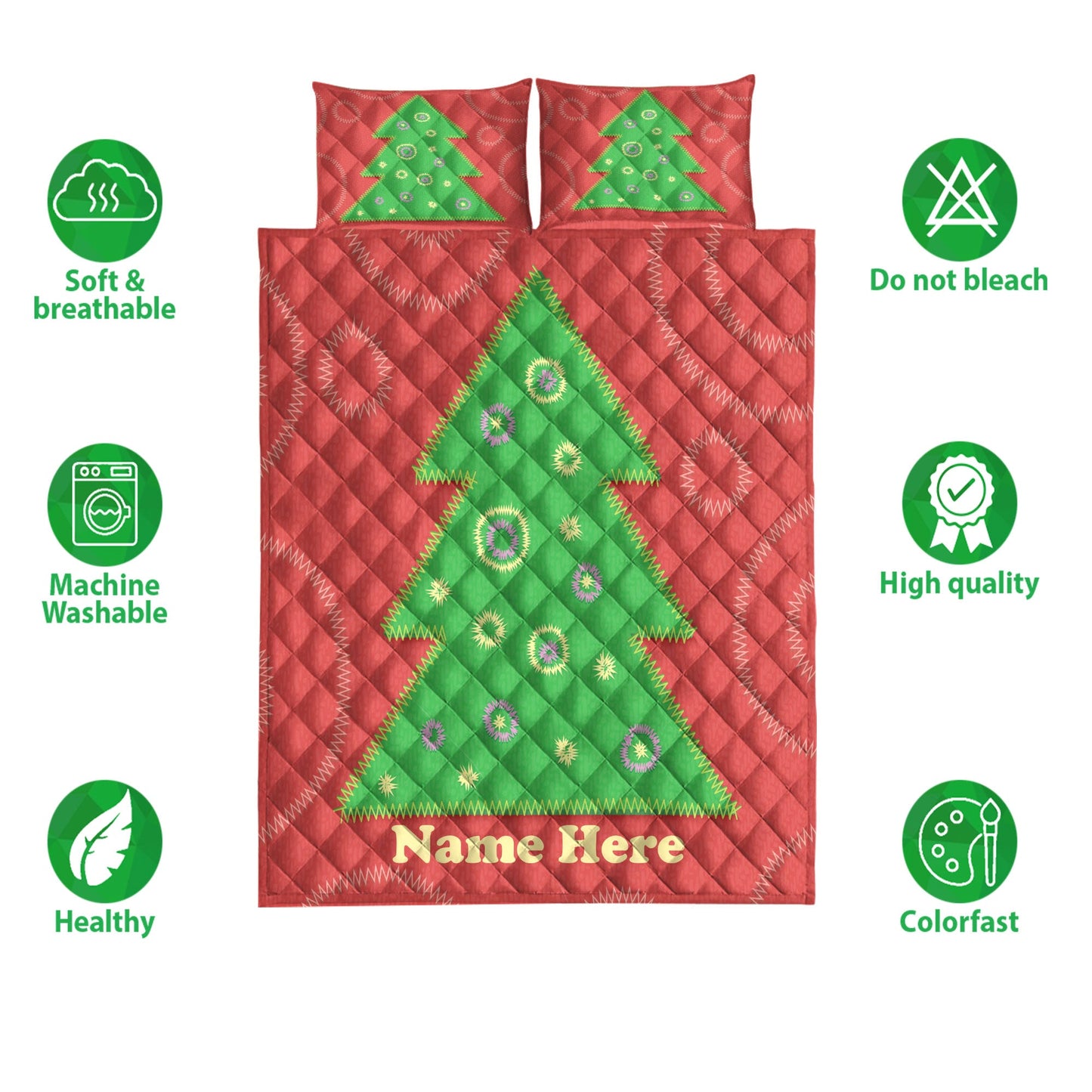 Personalized Christmas Quilt Set, Christmas Tree Patchwork Style Quilt Blanket With Pillowcases, Custom Name Quilt Bedding Set, Christmas Gift