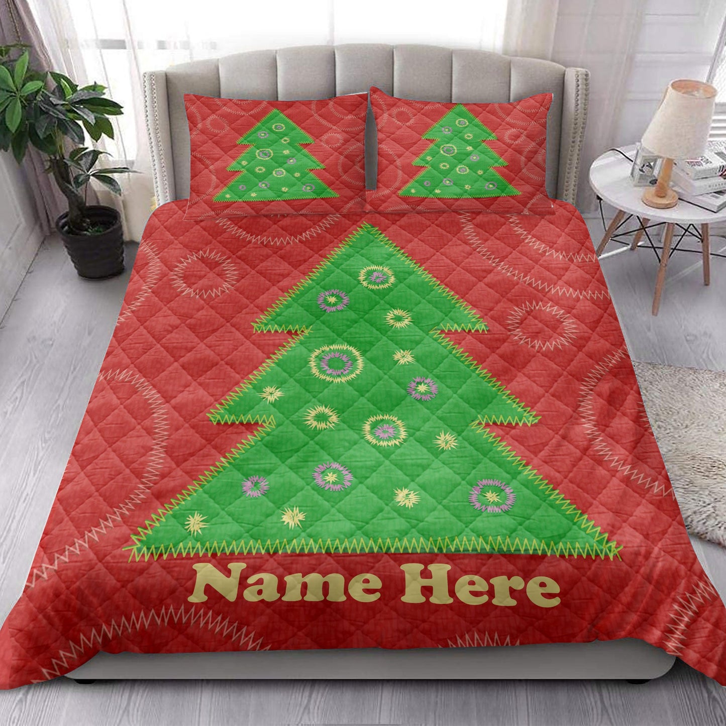 Personalized Christmas Quilt Set, Christmas Tree Patchwork Style Quilt Blanket With Pillowcases, Custom Name Quilt Bedding Set, Christmas Gift