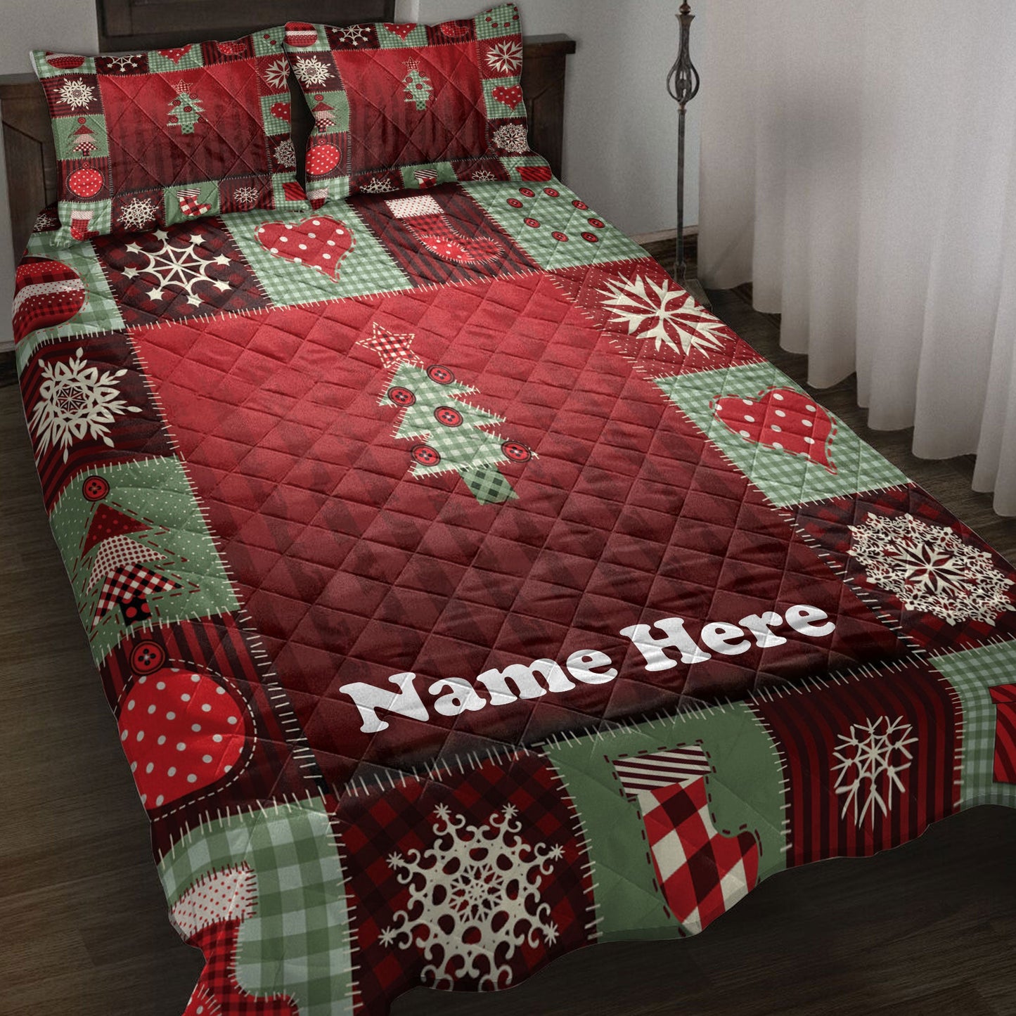 Personalized Christmas Quilt Set, Merrymas Patchwork Red Plaid Quilt Blanket With Pillowcases, Custom Name Quilt Bedding Set, Christmas Gift