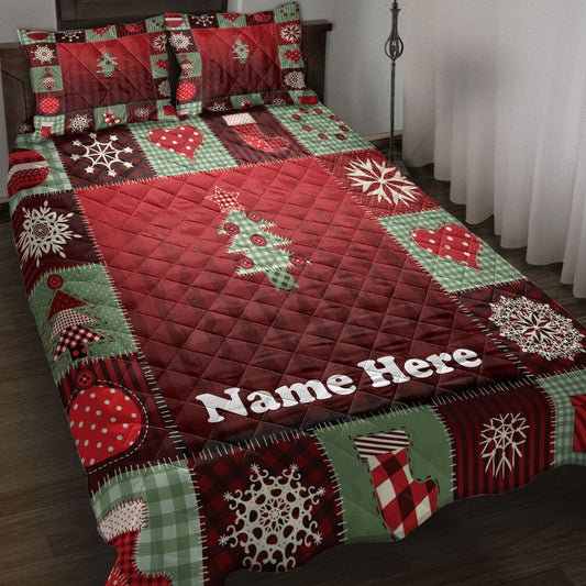 Personalized Christmas Quilt Set, Merrymas Patchwork Red Plaid Quilt Blanket With Pillowcases, Custom Name Quilt Bedding Set, Christmas Gift