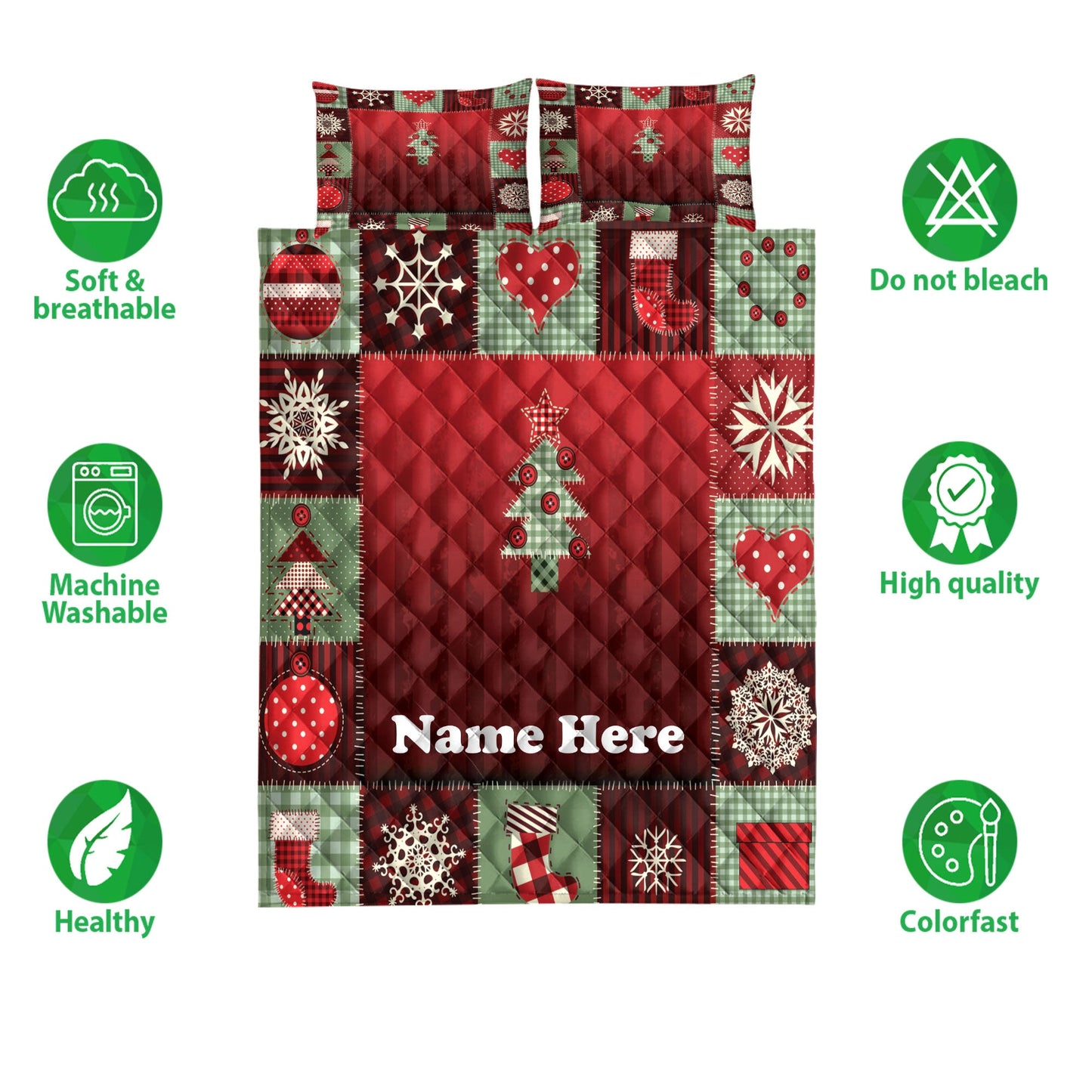 Personalized Christmas Quilt Set, Merrymas Patchwork Red Plaid Quilt Blanket With Pillowcases, Custom Name Quilt Bedding Set, Christmas Gift