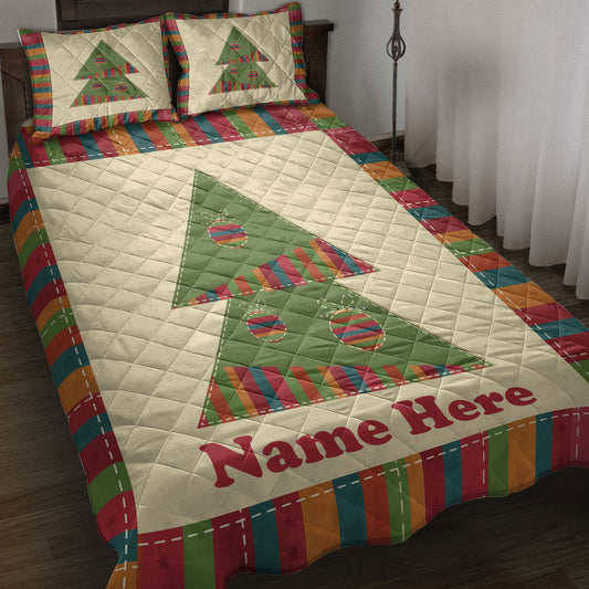 Personalized Christmas Quilt Set, Christmas Tree Greeting Quilt Blanket With Pillowcases, Custom Name Quilt Bedding Set, Christmas Gift