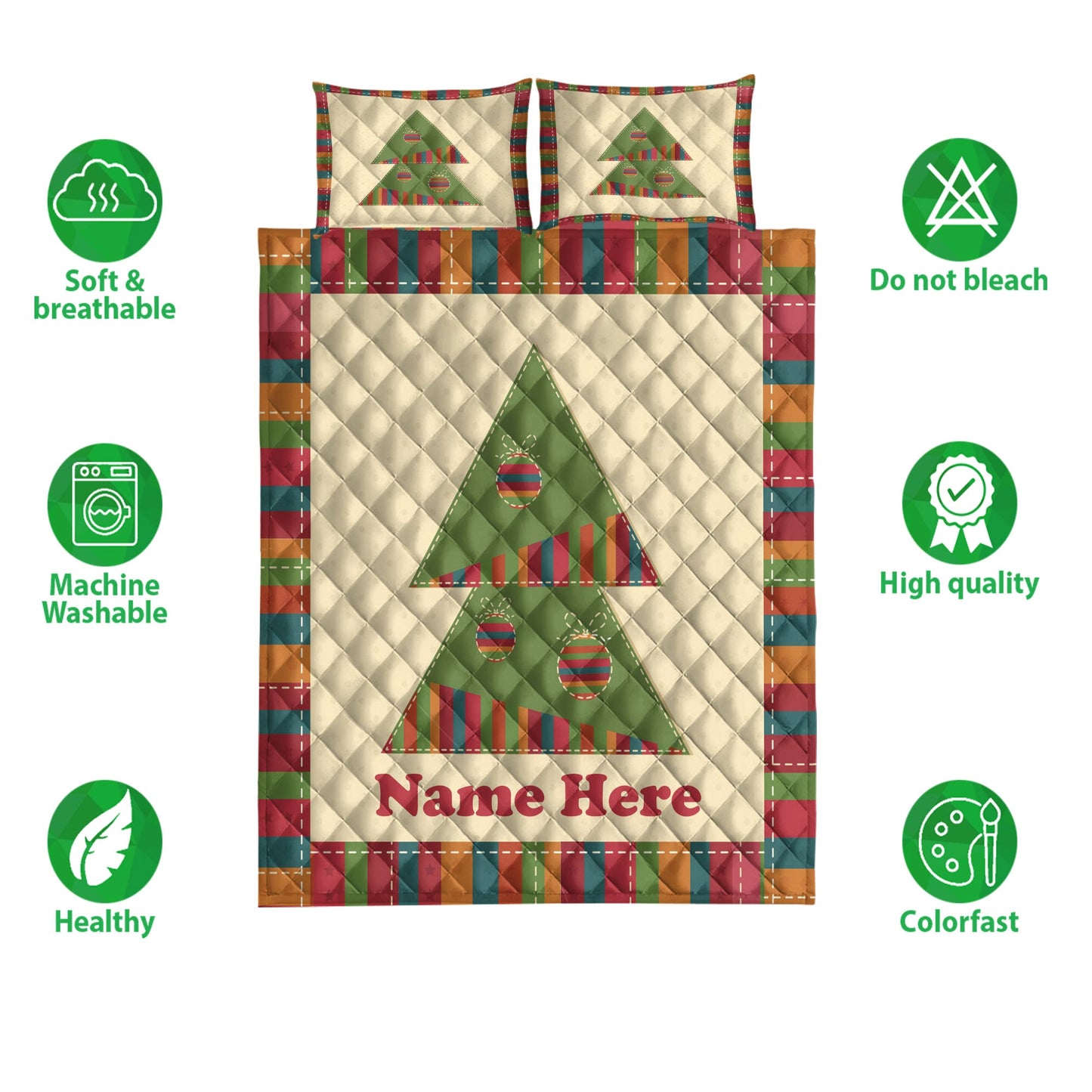 Personalized Christmas Quilt Set, Christmas Tree Greeting Quilt Blanket With Pillowcases, Custom Name Quilt Bedding Set, Christmas Gift