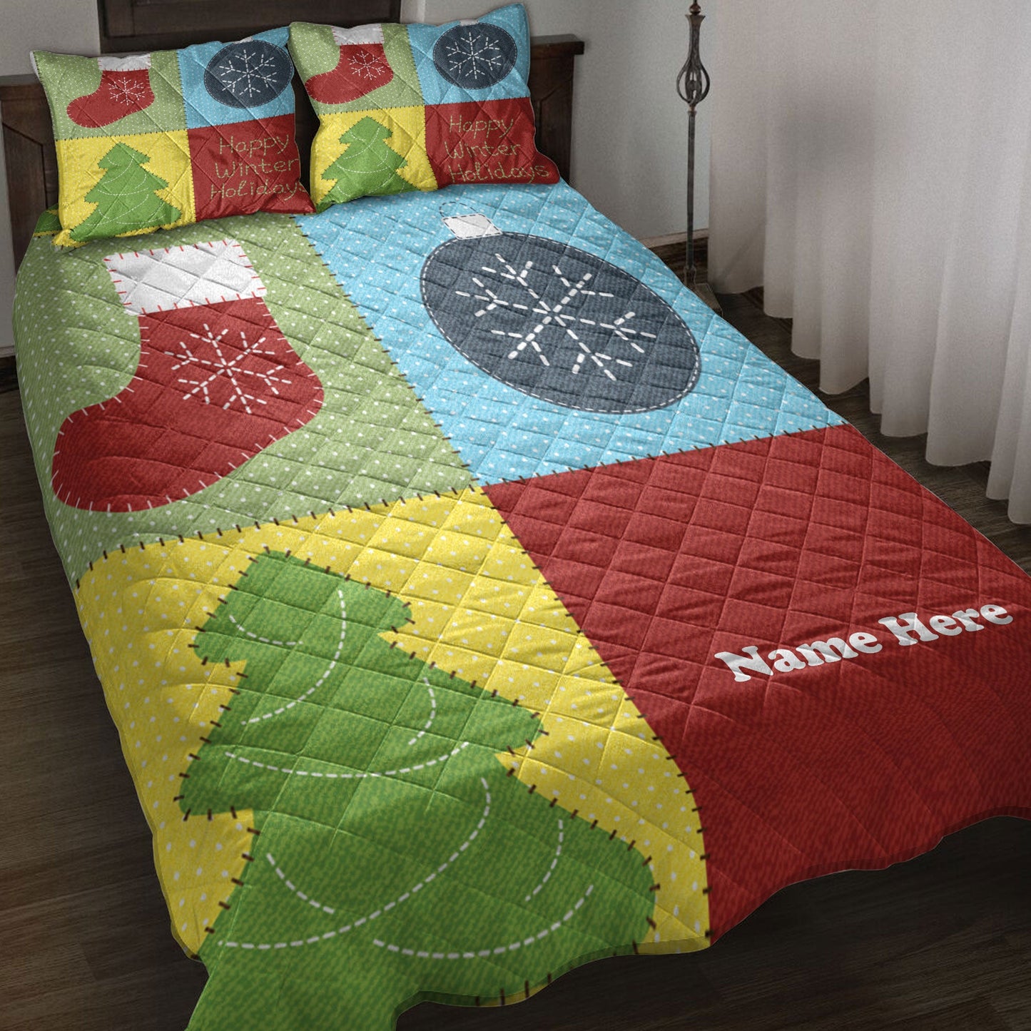 Personalized Christmas Quilt Set, Christmas Tree Patchwork Quilt Blanket With Pillowcases, Custom Name Quilt Bedding Set, Christmas Gift