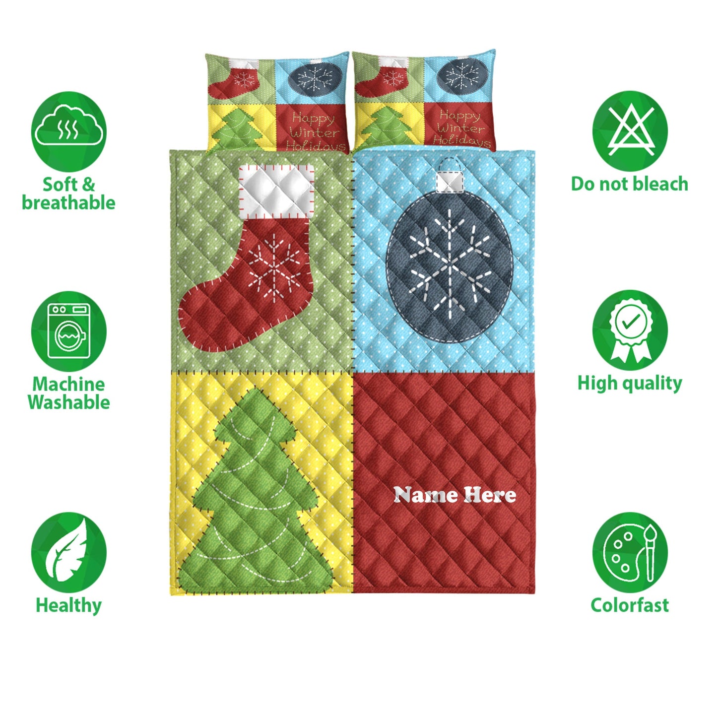 Personalized Christmas Quilt Set, Christmas Tree Patchwork Quilt Blanket With Pillowcases, Custom Name Quilt Bedding Set, Christmas Gift