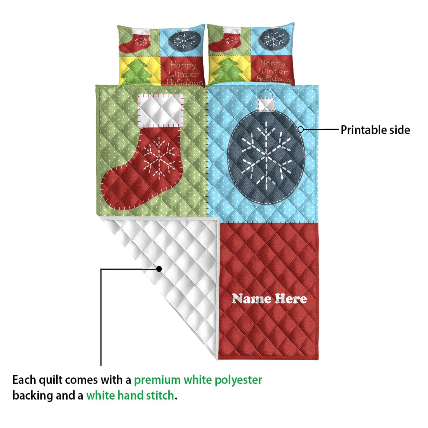 Personalized Christmas Quilt Set, Christmas Tree Patchwork Quilt Blanket With Pillowcases, Custom Name Quilt Bedding Set, Christmas Gift