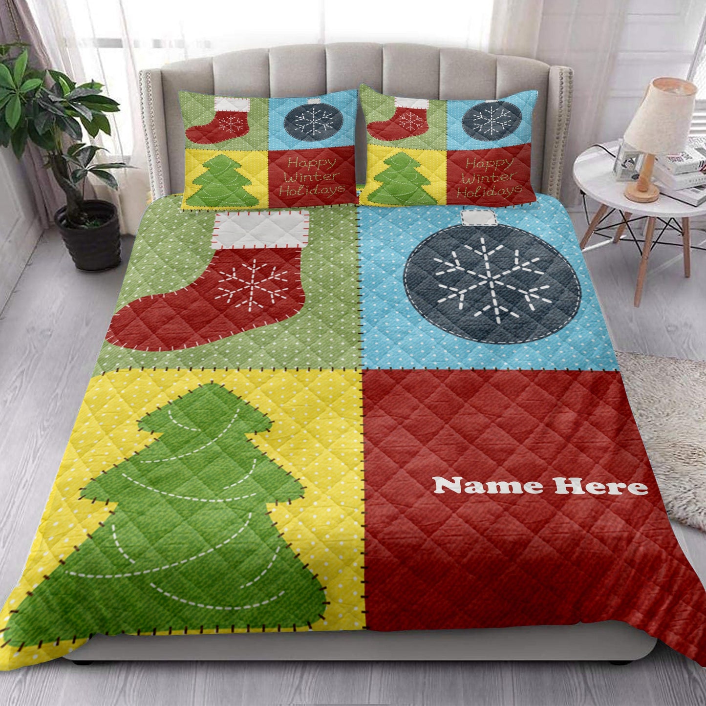 Personalized Christmas Quilt Set, Christmas Tree Patchwork Quilt Blanket With Pillowcases, Custom Name Quilt Bedding Set, Christmas Gift