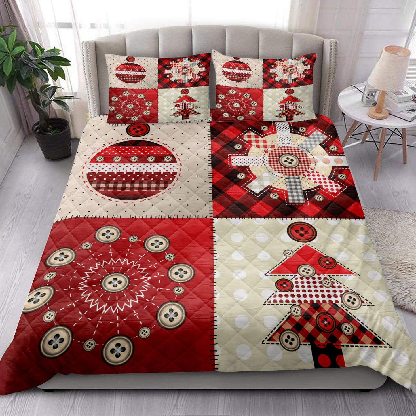 Christmas Quilt Set, Christmas Patchwok Red Plaid Xmas Holidays Quilt Blanket With Pillowcases, Quilt Bedding Set, Christmas Gift