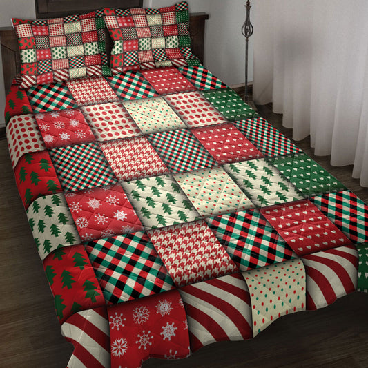 Christmas Quilt Set, Christmas Seamless Patchwork Plaid Xmas Holidays Quilt Blanket With Pillowcases, Quilt Bedding Set, Christmas Gift