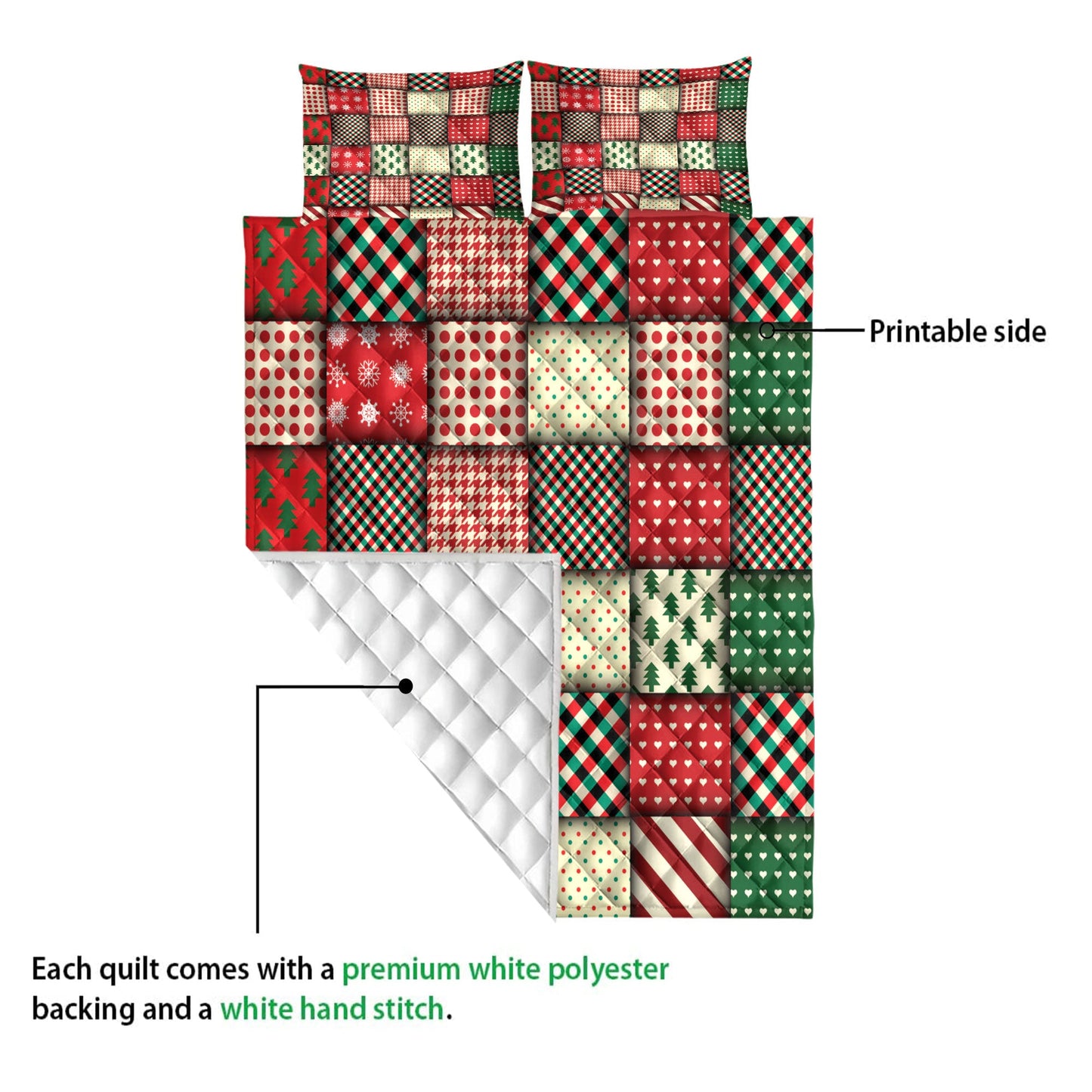 Christmas Quilt Set, Christmas Seamless Patchwork Plaid Xmas Holidays Quilt Blanket With Pillowcases, Quilt Bedding Set, Christmas Gift