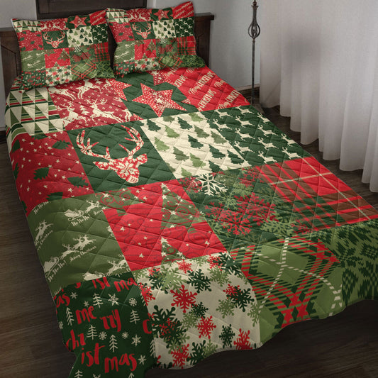 Deer Quilt Set, Christmas Tree Snowflake Santa Cla Us Patchwork Xmas Holiday Quilt Blanket With Pillowcases, Quilt Bedding Set, Christmas Gift