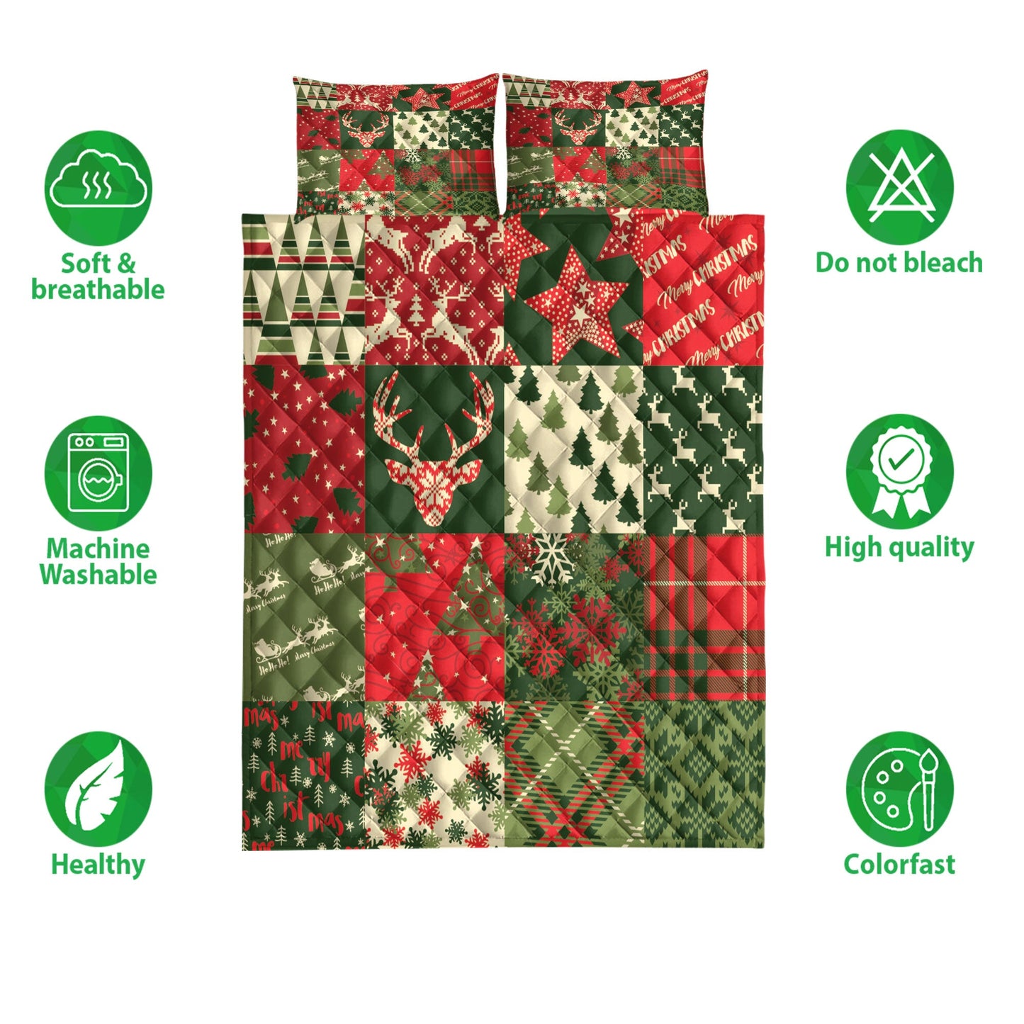Deer Quilt Set, Christmas Tree Snowflake Santa Cla Us Patchwork Xmas Holiday Quilt Blanket With Pillowcases, Quilt Bedding Set, Christmas Gift