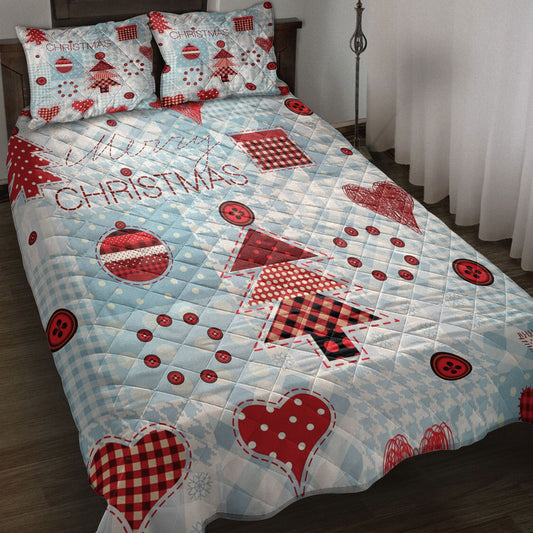 Christmas Quilt Set, Merrymas Snowflake Heart Red Xmas Holiday Quilt Blanket With Pillowcases, Quilt Bedding Set, Christmas Gift