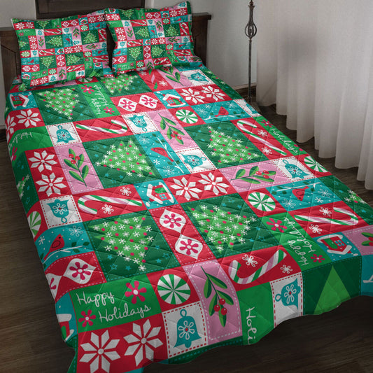 Christmas Quilt Set, Christmas Tree Candy Snowflake Patchwork Xmas Holidays Quilt Blanket With Pillowcases, Quilt Bedding Set, Christmas Gift