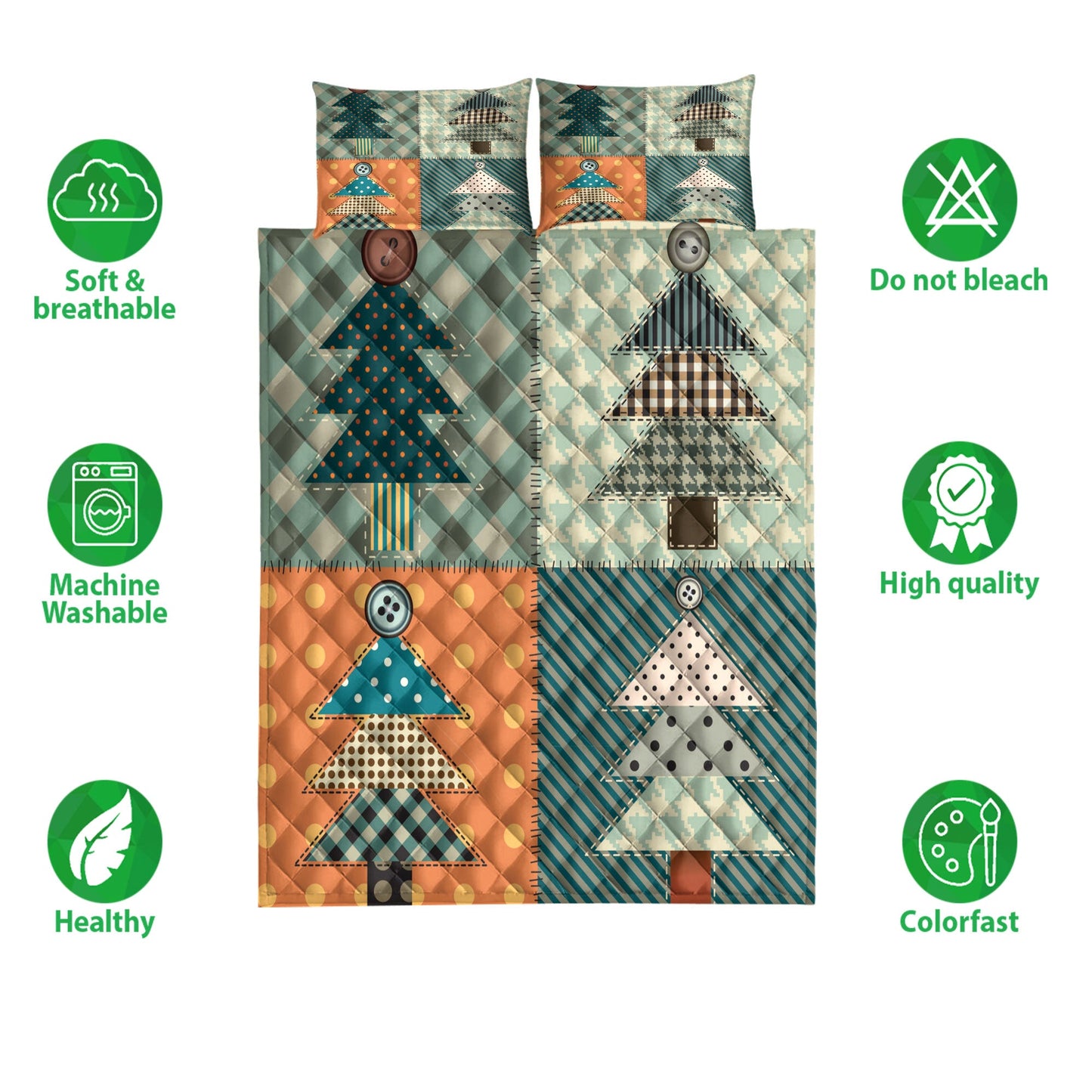 Christmas Quilt Set, Christmas Tree Plaid Xmas Holidays Quilt Blanket With Pillowcases, Quilt Bedding Set, Christmas Gift