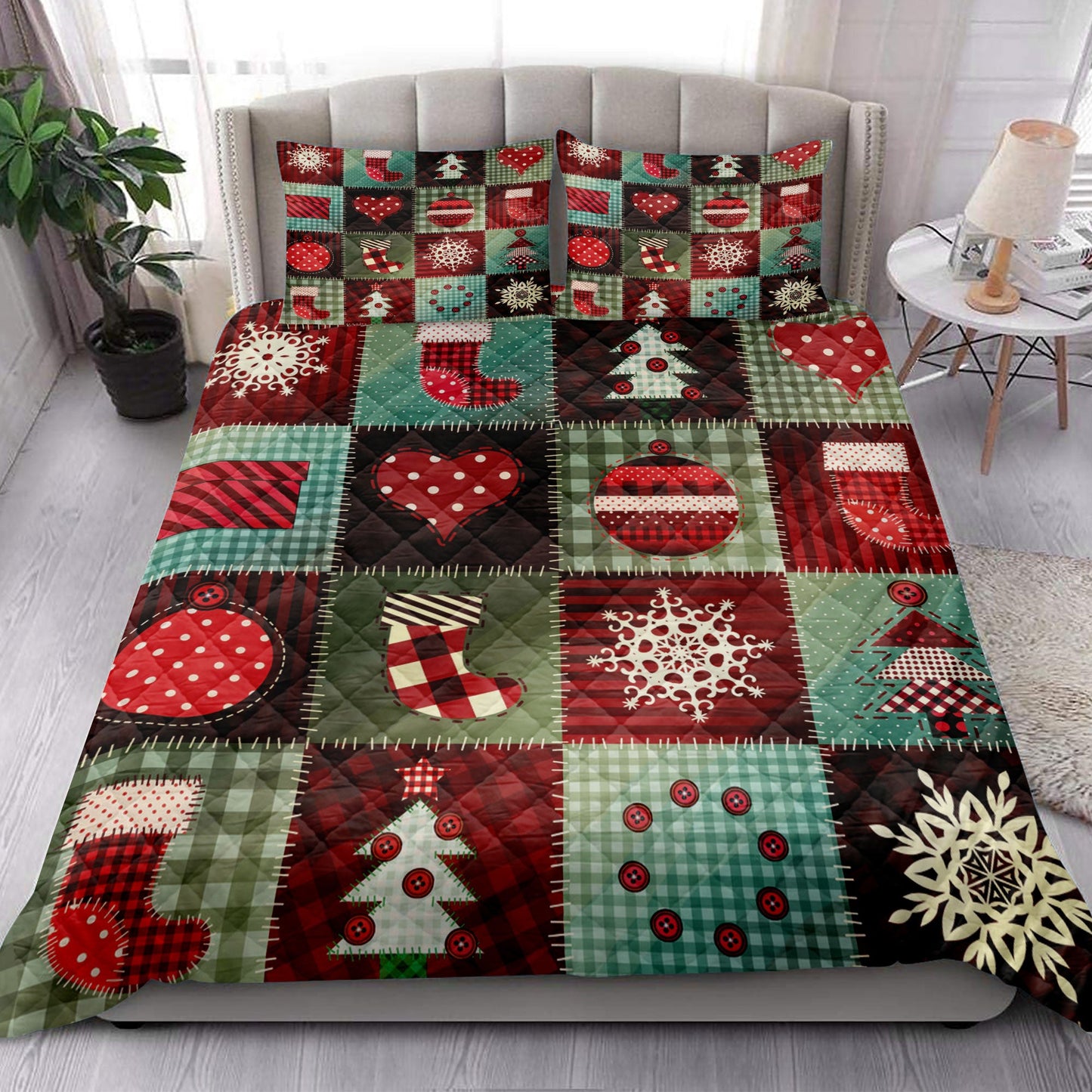 Christmas Quilt Set, Cozymas Patchwork Snowflake Xmas Tree Holidays Quilt Blanket With Pillowcases, Quilt Bedding Set, Christmas Gift