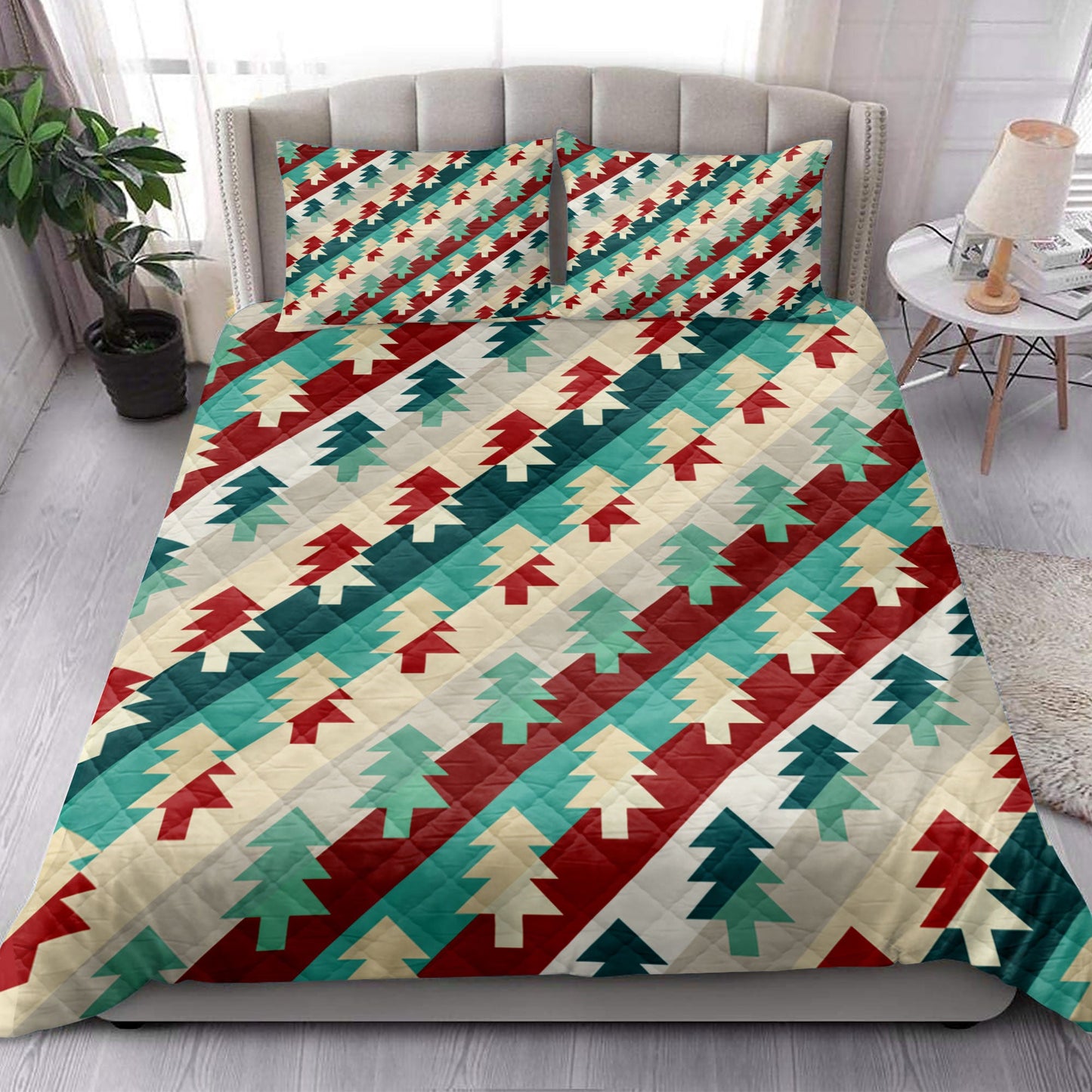 Christmas Quilt Set, Christmas Tree Coloful Xmas Holiday Seasons Quilt Blanket With Pillowcases, Quilt Bedding Set, Christmas Gift