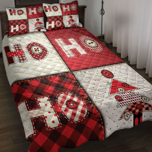 Christmas Quilt Set, Christmas Tree Hohoho Buffalo Red Plaid Xmas Holiday Quilt Blanket With Pillowcases, Quilt Bedding Set, Christmas Gift