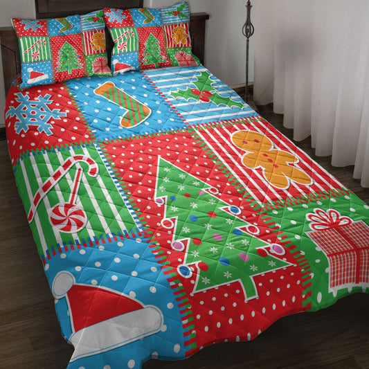 Christmas Quilt Set, Merrymas Plaid Xmas Tree Santa Hat Fsnowflakes Quilt Blanket With Pillowcases, Quilt Bedding Set, Christmas Gift