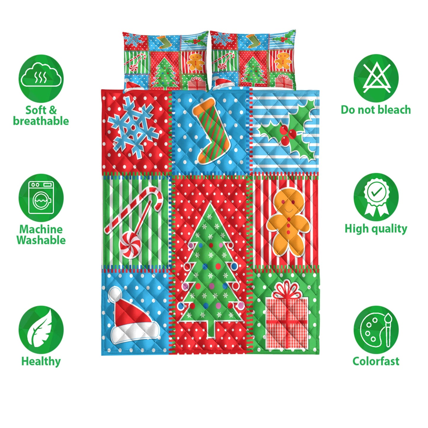 Christmas Quilt Set, Merrymas Plaid Xmas Tree Santa Hat Fsnowflakes Quilt Blanket With Pillowcases, Quilt Bedding Set, Christmas Gift