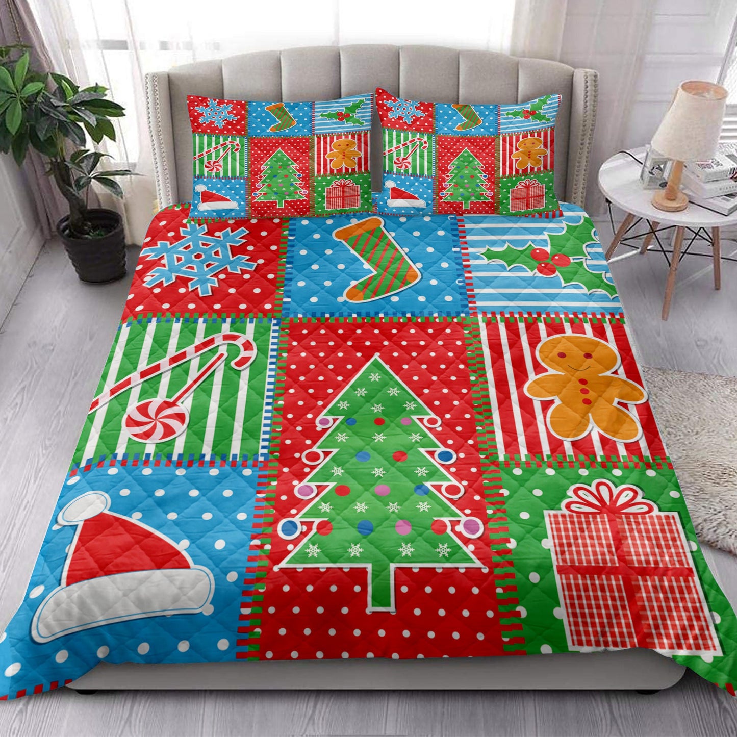 Christmas Quilt Set, Merrymas Plaid Xmas Tree Santa Hat Fsnowflakes Quilt Blanket With Pillowcases, Quilt Bedding Set, Christmas Gift