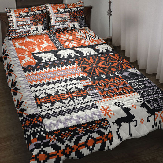 Hunting Quilt Set, Christmas R Ustic Cabin Bear Deer Orange Black Plaid Xmas Holiday Quilt Blanket With Pillowcases, Quilt Bedding Set, Christmas Gift