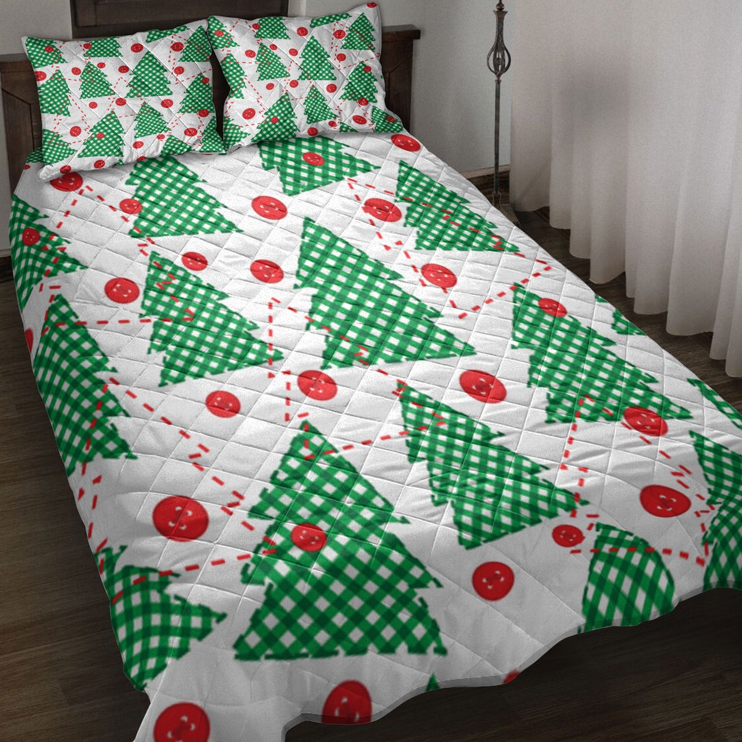 Christmas Quilt Set, Christmas Tree Patchwork Green Xmas Holidays Quilt Blanket With Pillowcases, Quilt Bedding Set, Christmas Gift