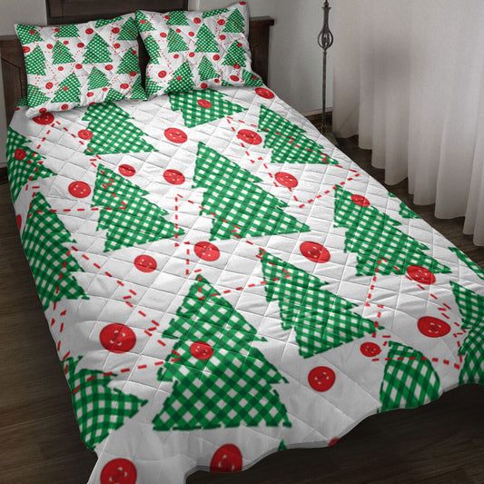 Christmas Quilt Set, Christmas Tree Patchwork Green Xmas Holidays Quilt Blanket With Pillowcases, Quilt Bedding Set, Christmas Gift